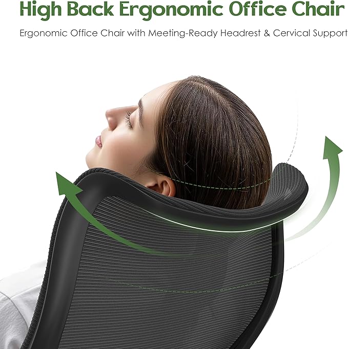 Office Chair Ergonomic Desk Chair - Comfy Mesh High Back Office Chair with Lumbar Support Wheel Home Desk Office Chairs Flip up Armrest Executive Rolling Swivel Task Computer Chair Black Silver