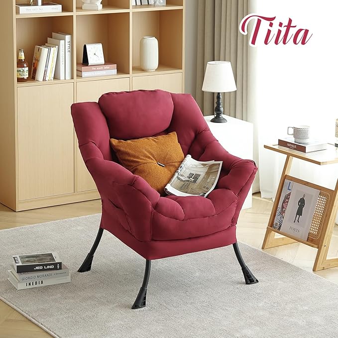 Tiita Lazy Chair, Modern Large Accent Lounge Armchair, Comfy Leisure Sofa Reading Chair for Bedroom, Living Room, Dorm Rooms, Garden and Courtyard, Red
