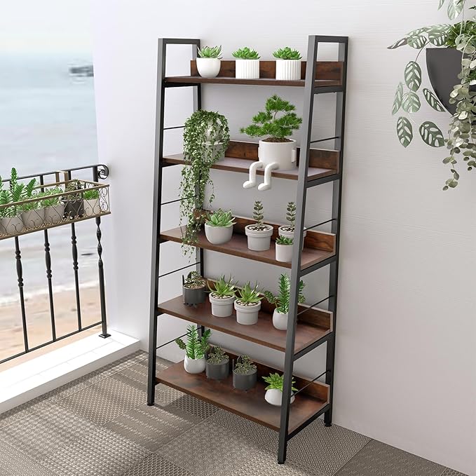 Himimi Ladder Bookshelf, 5 Shelf Bookcase Industrial Bookshelf Wood and Metal Bookshelves, Plant Flower Stand Rack Book Storage Shelves for Living Room, Bedroom, Home Office (2 PCS)