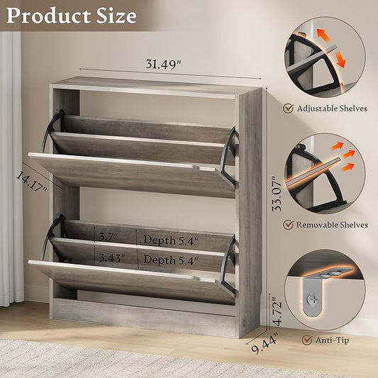 Shoe Cabinet with 2 Flip Drawers, Slim Narrow Shoe Storage Cabinet, Freestanding Shoe Organizer with Adjustable & Removable Shelves, Top Display Shelf for Entryway, Hallway, Foyer, Closet