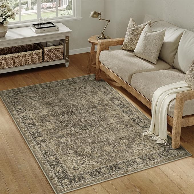 3x4 Washable Brown Area Rug Vintage Entryway Office Carpet Non-Slip Soft Low Pile Distressed Throw Rug for Entrance Living Room Bathroom Dining Room