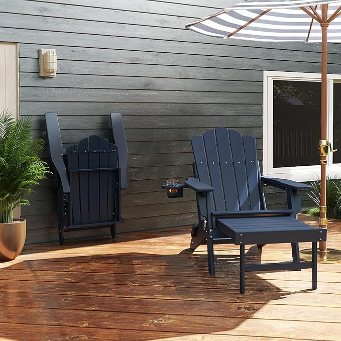 FOOWIN Adjustable Adirondack Chair with Retractable Ottoman Set of 8, Folding Adirondack Chair with Cup Holder, HDPE All-Weather Fire Pit Chair for Patio, Yard, Poolside, Navy Blue