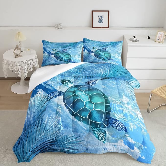 CVHOUSE Sea Turtle Bedding Set,Sea Turtle Comforter Full,Ocean Bohemia Comforter Set for Boys Kids Girls,Ocean Quilt Set with 1 Comforter and 2 Pillow Cases
