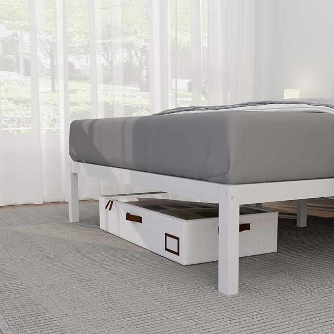 14 Inch Bamboo Bed Frame – Solid Wood Platform Bed Frame, Strong and Stable, with Non-Slip Slats for Support, No Box Spring Needed, Easy to Assemble, Noise-Free (White, Queen with Headboard)