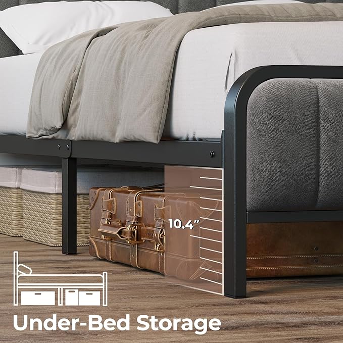 Rolanstar Full Size Bed Frame with LED Light and Charging Station, Upholstered Headboard and Footboard, Metal Slat, Noise Free, Easy Assembly, Dark Gray