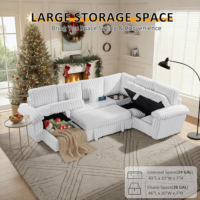 Modular Sectional Sleeper Sofa with Pull Out Bed, U Shaped 7 Seat Sectional Couches for Living Room, 110 Inch Sofa Bed with Armrest Pillows | Hidden Storage | USB Charging | Cup Holder, White