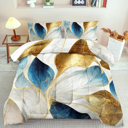 Vintage Floral Comforter Set Queen Size Women,Marble Flower Bedding Set Queen,Marble Blue Flower Bed Comforter,Blue and Gold Floral Quilt Bedroom Decor for Kids and Adults