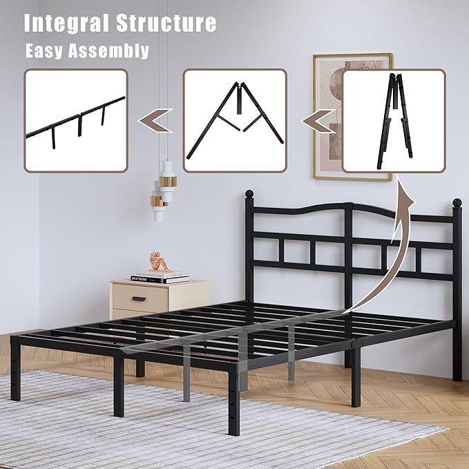 Metal Bed Frame with Headboard - 14 Inch King Size Heavy Duty Bedframe Black Basic Steel Slats Platform No Box Spring Needed/Easy Assembly/Noise Free
