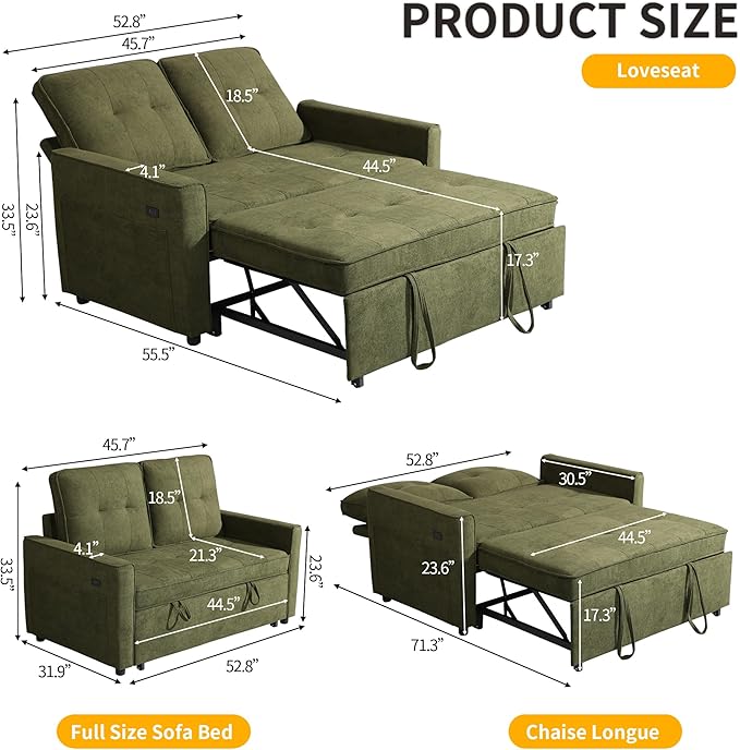 EJUNQ Pull Out Couch, Convertible Sofa Bed with USB and Reclining Backrest, Modern 3 in 1 Sleeper Sofa Couch Bed with Side Pockets, Comfortable Loveseat Sleeper for Small Spaces.(Green)