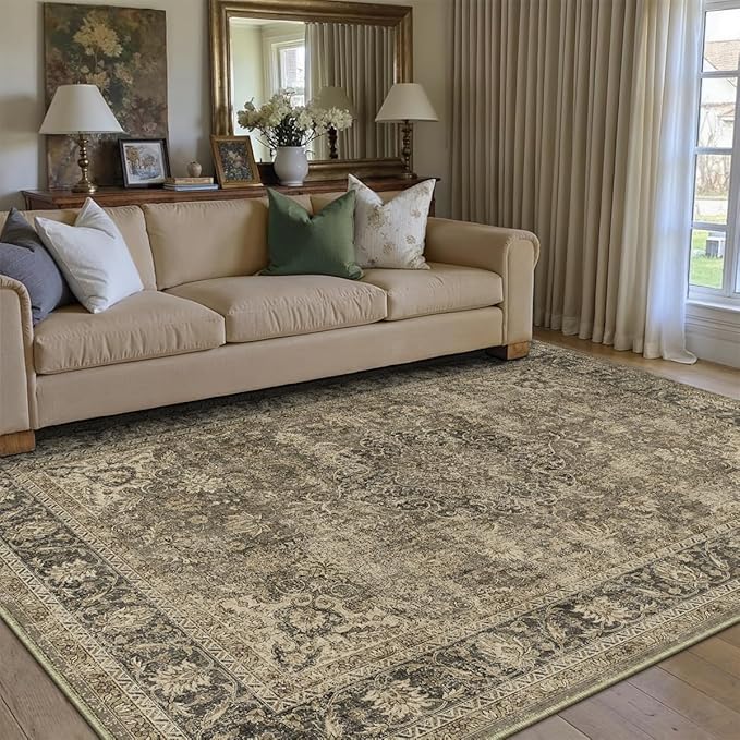 6x9 Washable Brown Area Rug Vintage Living Room Bedroom Carpet Non-Slip Soft Low Pile Distressed Indoor Throw Rug for Dining Room Entryway Office