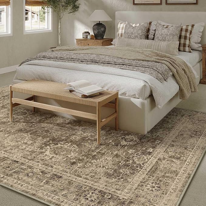 10x14 Brown Vintage Area Rug for Living Room Bedroom Large Distressed Rustic Carpet Non-Slip Low Pile Lightweight Vacuumable Soft Washable Throw Rug for Indoor Dining Room