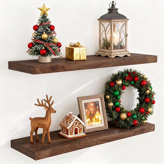 Fun Memories Floating Shelves for Wall, 36 x 9.3 Large Floating Shelf Wall Mounted Set of 2, Rustic Wood Shelves for Bathroom, Kitchen, Living, Heavy-Duty Storage Deep Shelf for Books, Decor, Walnut