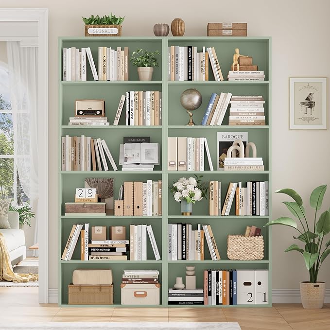 FOTOSOK 6-Tier Open Bookcase and Bookshelf, Freestanding Display Storage Shelves Tall Bookcase for Bedroom, Living Room and Office, Green