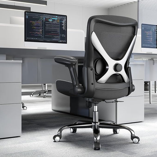 Office Home Ergonomic Desk Chair-Computer X-Shaped Chair Mesh PU Leather with Adjustable Lumbar Support-Executive Chair High Back Flip-Up Arms for Long Hours (Black-Silver-No Headrest)