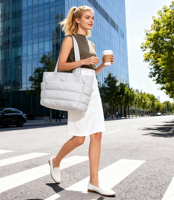 Puffer Tote Bag for Women, Cute Quilted Carryall with Zippered Compartments Shoulder Bag Handbag for Work, Travel, Gym