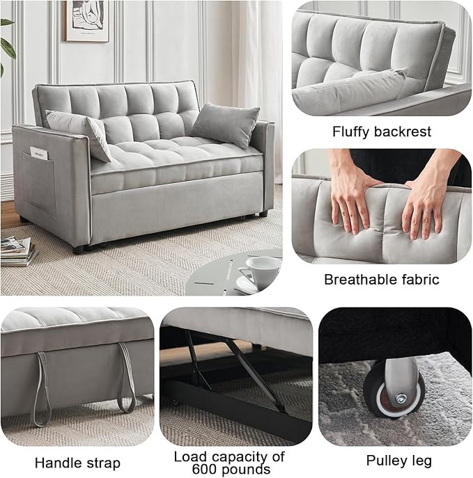 Futon Sofa Bed, 3 in 1 Sleeper Sofa Couch Bed with Armrests, Storage Pockets and 2 Pillows, Adjustable Backrest, Sofa Bed Couch for Living Room, Bedroom, Office,Reading Room(Grey)