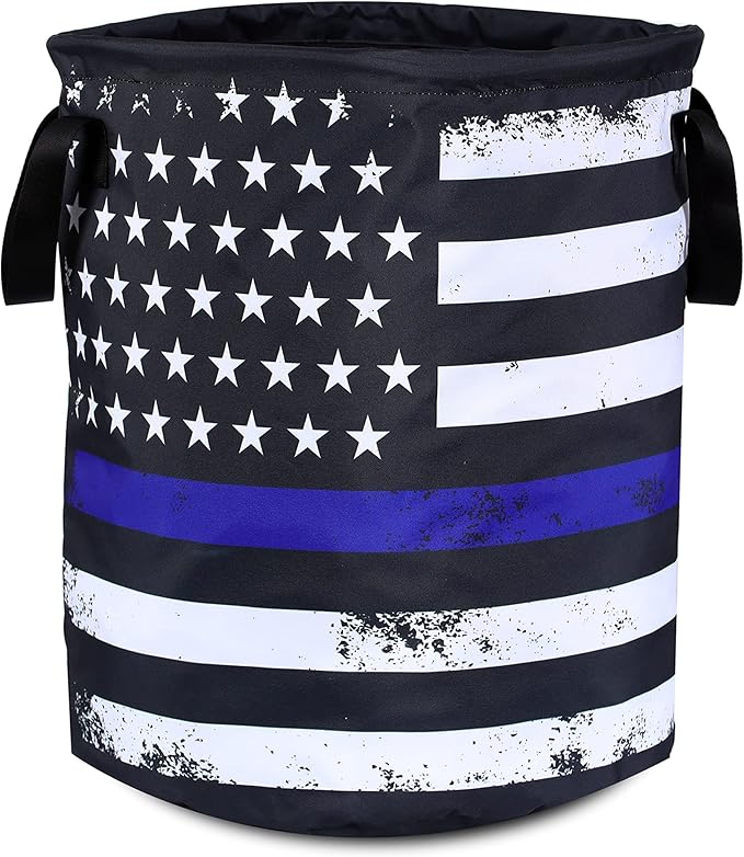 American Flag Thin Blue Line Flag Laundry Basket Foldable Oxford Cloth Funny Tote Bag Laundry Hamper Clothes Storage Bucket Organizer For Bathroom/Laundry Storage /Bedroom17.7x13.7 Inch