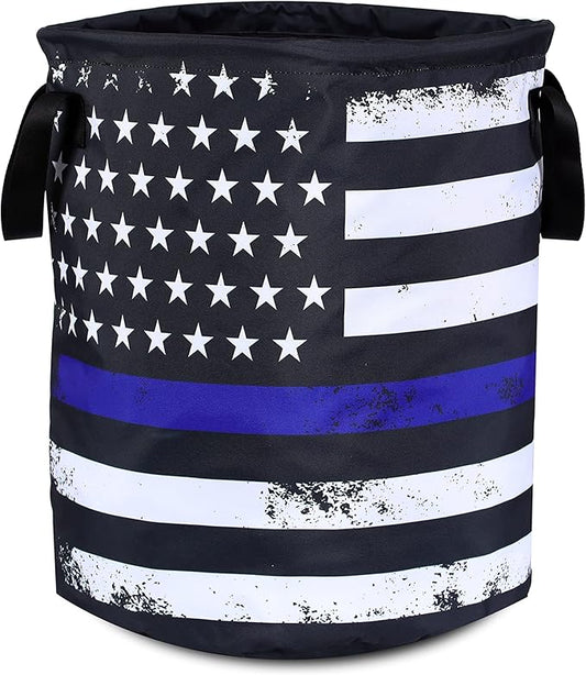 American Flag Thin Blue Line Flag Laundry Basket Foldable Oxford Cloth Funny Tote Bag Laundry Hamper Clothes Storage Bucket Organizer For Bathroom/Laundry Storage /Bedroom17.7x13.7 Inch