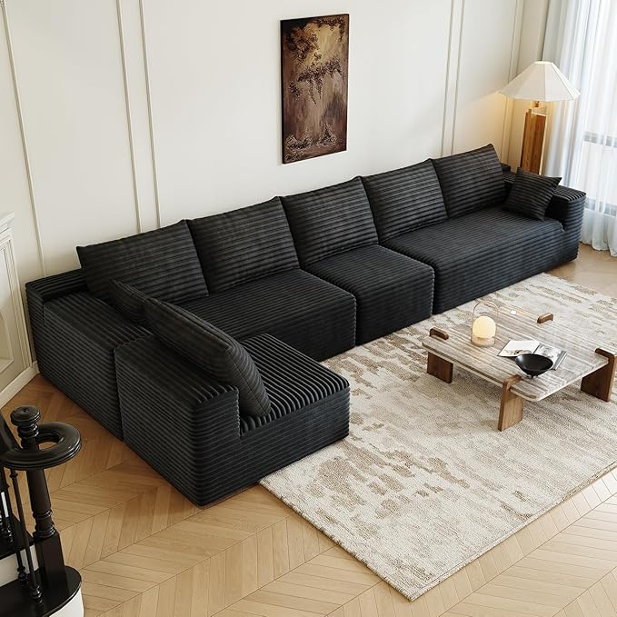 139.4" Modular Sectional Sofa, U-Shaped Minimalist Couches with 2 Middle Seats, Modern Deep Seat Convertible Sleeper Sofa Bed,Cloud Plush Corduroy Fabric, No Assembly Required, 6 Seater, Black