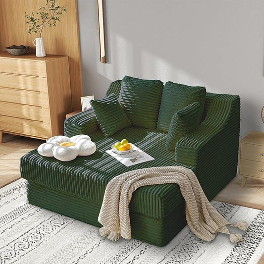 55 Inch Chaise Lounge Indoor - Oversized Chaise Lounge with 4 Throw Pillows and Armrets, Upholstered Plush Sofa Bed, Corduroy Lazy Chair Bed, Sleeper Chair for Living Room or Bedroom, Green