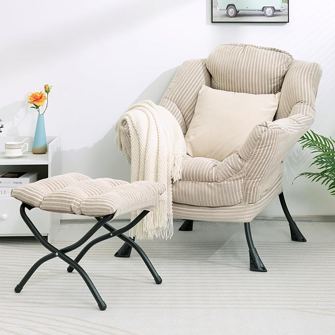 HollyHOME Lazy Chair with Foldable Ottoman, Accent Comfy Lounge Armchair and Folding Footrest Stool, Leisure Sofa Reading Chair and Footstool for Living Room, Bedroom, Dorm,Beige Stripe