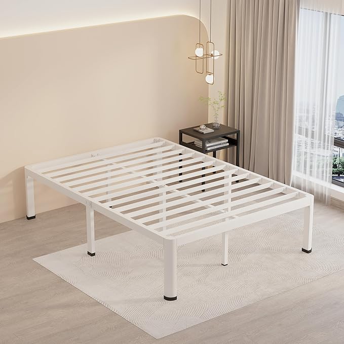 MAF 20 Inch Full Size Bed Frame White with Round Corner Legs Mattress Slide Stopper No Box Spring Needed Heavy Duty Metal Platform Bed Frames Under-Bed Storage Space, 3000 LBS Steel Slats Support