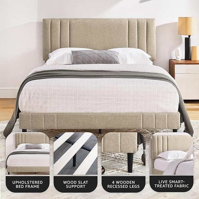 Decoro Chicago Modern Tufted Upholstered Platform Queen Size Bed, Linen