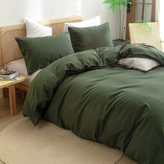 BESTOUCH Duvet Cover Set 100% Washed Cotton Linen Feel Super Soft Comfortable Chic Lightweight 3 PCs Home Bedding Set Solid Olive Green Oversized Queen