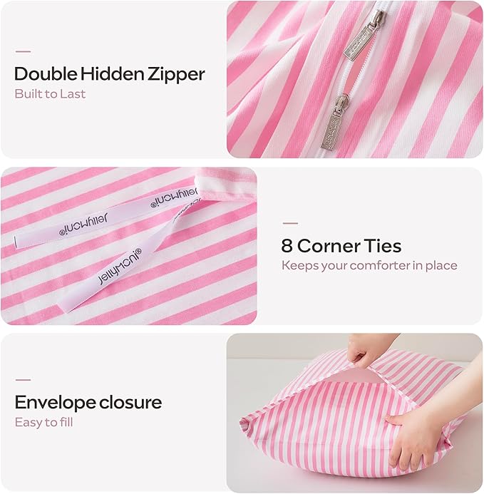 JELLYMONI Twin Duvet Cover Set, Cotton Duvet Cover 2 Pieces with Zipper Closure, 1 Duvet Cover and 1 Pillowcase(Pink with White Striped)