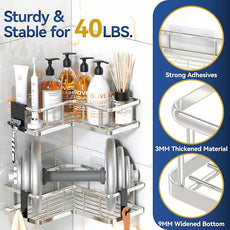 YASONIC Corner Shower Caddy Organizer, 3-Pack Self-Adhesive Rustproof Bath Shelves with Soap Holder & 4 Hooks, Large Capacity Shower Storage Rack for Bathroom Organization, Silver