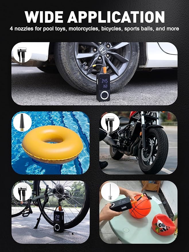 SMART JERRY - Tire Inflator Portable Air Compressor | Cordless Mini Bike Tire Pump with Gauge | Dual-Power Electric 12V Air Compressor for Auto, Motorcycles, Bikes, Balls | Fast Inflation Max 150 PSI