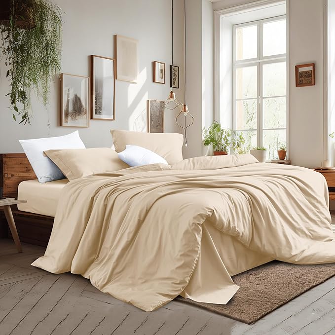 Twin/Twin-XL Duvet Cover Set,100% Egyptian Cotton 2Pcs Bedding Set- 1 Duvet Cover(No Insert) with 1 PillowSham,400 Thread Count Super Soft Cover with Corner Ties(Twin/Twin-XL 68x90 Inches, Beige)