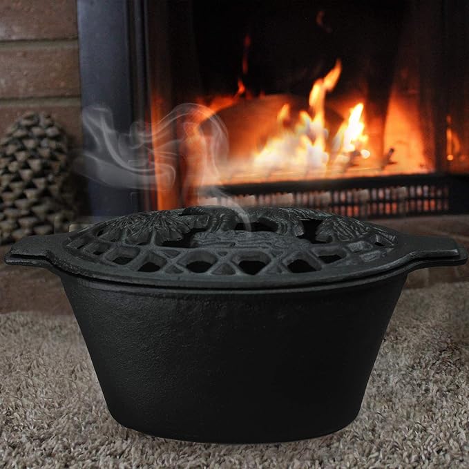 Fire Beauty Woodstove Steamer Stove Humidifier Cast Iron Lattice Top Rust Resistant 2.3 Quart Capacity (wolf)