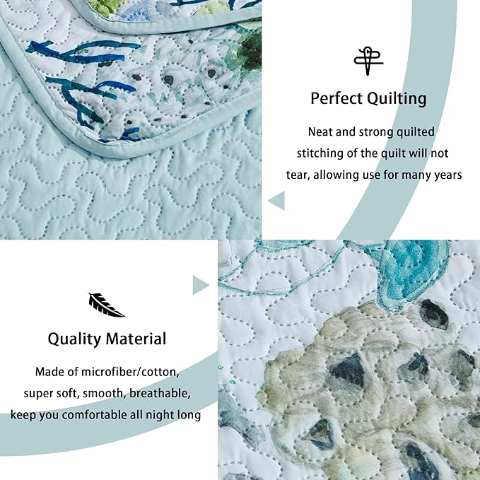 Tritard 3 Piece Coastal Beach Quilt Set King Size Ocean Beach Themed Bedding Set Microfiber Lightweight Bedspread Coverlet with 2 Shams Starfish Coral Seashell Bed Covers for All Season, 106''x96''