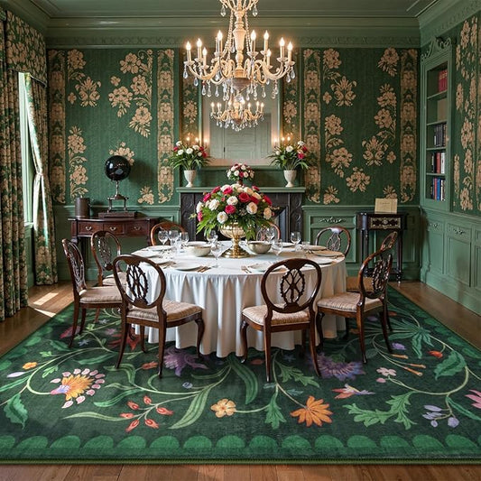 Lahome Boho Floral Washable Green 8x10 Area Rugs for Living Room, Vintage Non Slip Rugs for Bedroom, Ultra-Thin Indoor Throw Dining Room Carpet for Under Table Home Office(Forest Green,8x10)