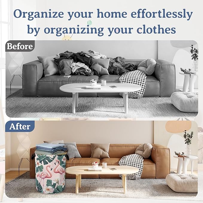 Pink Flamingo Laundry Basket,Foldable Waterproof Oxford Cloth Tote Bag Palm Leaf Laundry Hamper with Handles,20.8"x16" Clothes Storage Bucket Organizer for Laundry Room, Bathroom, Bedroom