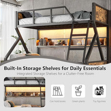 Twin over Full Bunk Bed with Storage Shelves, Metal Bunk Beds with Ladders and Lights, Heavy-duty Bunkbed for Bedrooms, Guest Rooms and Dorms, No Box Spring Needed and Noise-free Design, Woodgrain