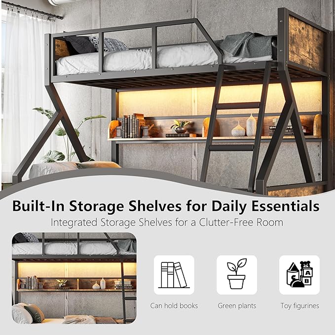Twin over Full Bunk Bed with Storage Shelves, Metal Bunk Beds with Ladders and Lights, Heavy-duty Bunkbed for Bedrooms, Guest Rooms and Dorms, No Box Spring Needed and Noise-free Design, Woodgrain
