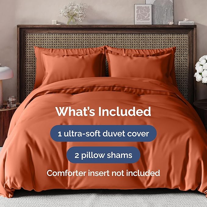 Duvet Cover Queen Size Set - Extra Soft Queen Size Duvet Cover 90 x 90 with 2 Pillow Shams - Hotel Luxury Easy Care and Fade Free w/Zipper Closures & Ties - Comfy Breathable Bedding Set (Terracotta)