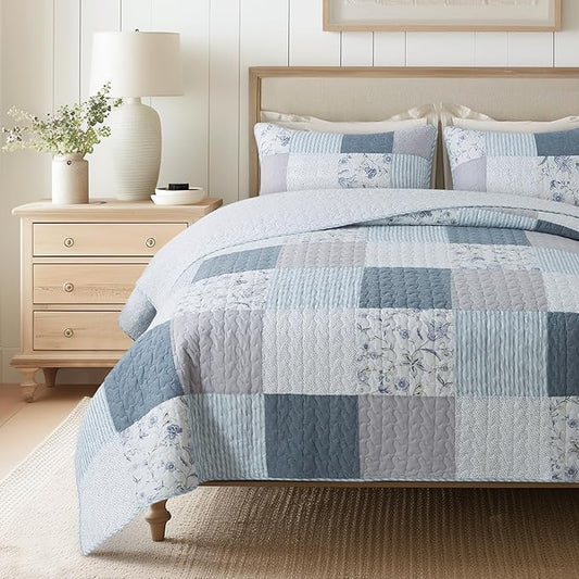 SLPR Coastal Dream Cotton Pieced Quilt Set - King Size with 2 Shams, Soft Purple & Blue Patchwork Quilted Bedspread, Farmhouse Country Style Bedding for All Seasons