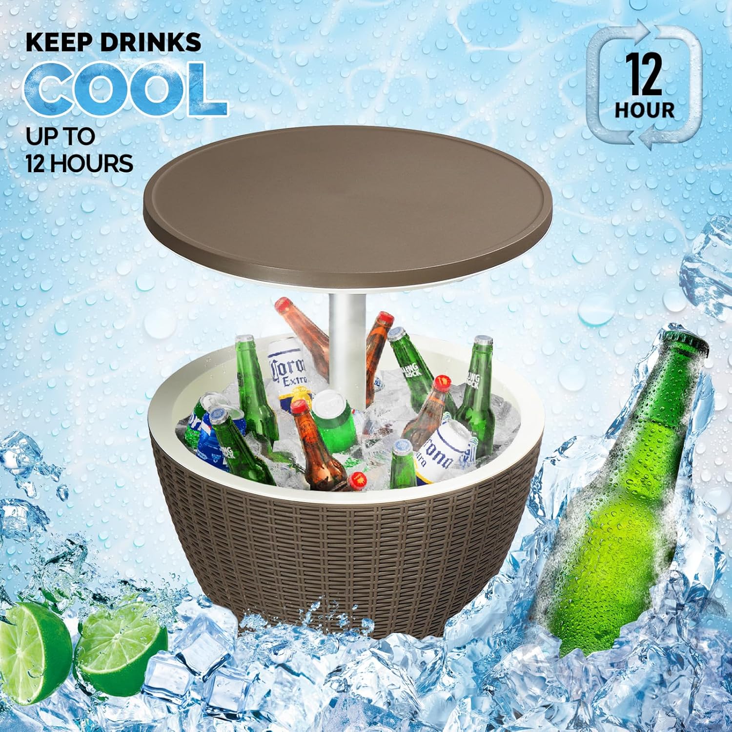 Outdoor Cooler Side Table,Outdoor Cooler Table, Height-Adjustable Outdoor Cool Bar w/ 8 Gallon Beer and Wine Cooler, All-Weather Resistant Patio Cooler Ice Cool Bar for Deck Pool Party (Coffee)