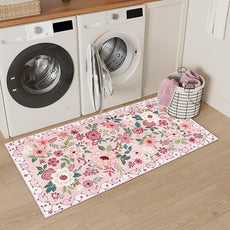 DUKINO 2x4 Rug for Entryway, Washable Kitchen Floral Runner Rug with Non Slip Backing, Low Pile Soft Boho Carpet for Kitchen, Hallway, Entryway, Laundry, Bedroom, Pink