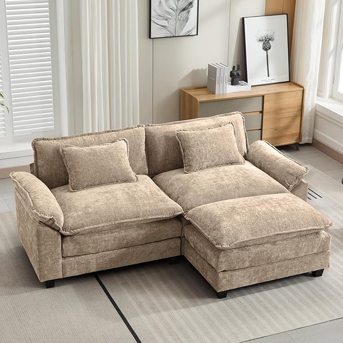 86" Modular Sectional Sofa, Comfy Cloud Couch Sectional Sofa with Ottoman, Chenille Sofa Sleeper Deep Seat Sofa with Throw Pillows for Living Room (Khaki, 86"- L Shape)