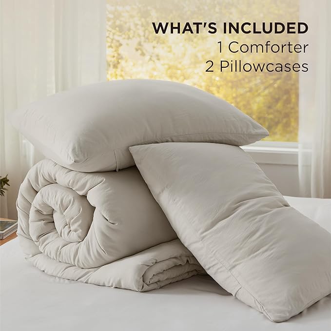Bedsure Oversized Queen Size Comforter Set, Beige Soft Prewashed Bedding for All Seasons, 3 Pieces GentleSoft™ Down Alternative Bed Set, 1 Lightweight Comforter (98"x98") and 2 Pillowcases (20"x26")