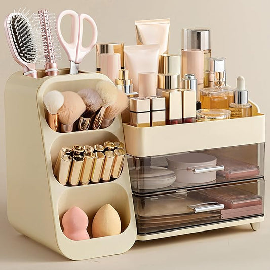 HBlife Makeup Organizer with Brush Holder for Vanity, Large Plastic Bathroom Countertop Organizer Skin Care Storage, Easy to Store Lipsticks, Nail Polishes, Perfumes, Eyeshadow Palettes, Beige