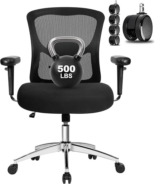 Big and Tall Office Chair 500lbs, Heavy Duty Ergonomic Mesh Chair, Computer Executive Desk Chair with Wide Thick Seat, Adjustable Armrests, Lumbar Support