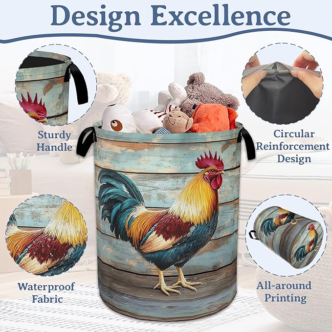 Rooster Laundry Basket,Foldable Oxford Cloth Vintage Wooden Board Laundry Hamper with Handles, 20.8"x16" Tote Bag Clothes Storage Bucket for Laundry Room/Bathroom/Bedroom/Dormitories