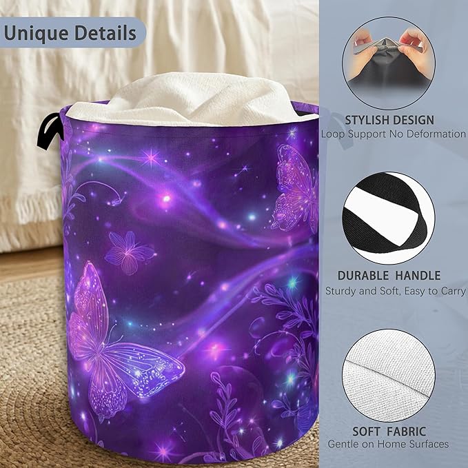Purple Butterfly Laundry Hamper,Sparkling Dirty Clothes Laundry Basket with Handles Waterproof Oxford Cloth Storage Basket for College Dorms Bathroom Bedroom 16" x 20.8"