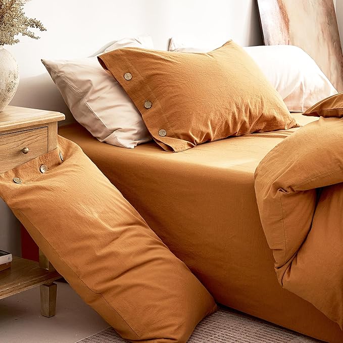 JELLYMONI 100% Washed Cotton Duvet Cover Twin – Soft, Breathable Linen-Look Bedding with Natural Wrinkle Texture, Button Closure, 3-Piece Set (Amber Orange, 68"x90")