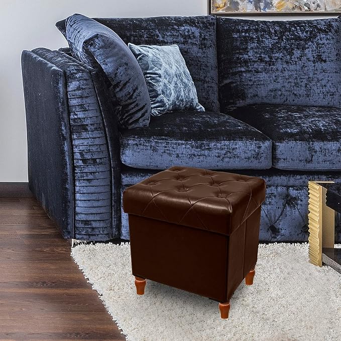 CAROLMADE Folding Storage Ottoman Cube PU Leather Footstool with Wood Legs Ottoman Footrest for Living Room and Bedroom Brown, 15x12.6 x 15.4”